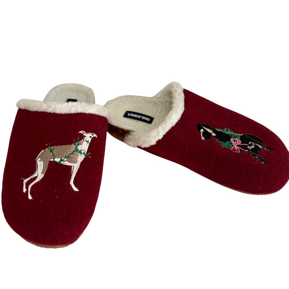 Lands End Embroidered Holiday Dog Slippers Mules Faux Sherpa Lined Burgundy